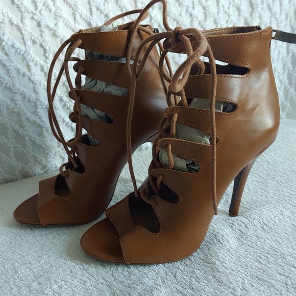cognac peep toe booties